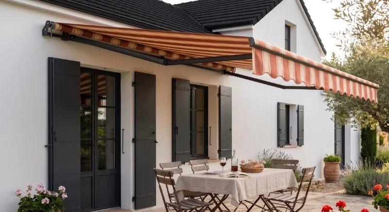 Terrasse avec table et auvent rayé